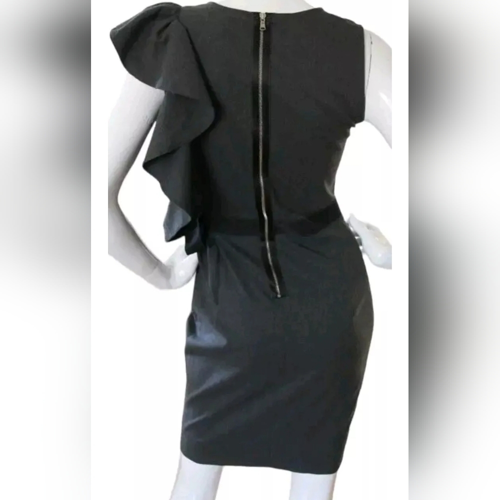 Sandro Paris Dress Gray Ruffle Trim Ribbon Belted Sheath Stretch Size Small New - Picture 2 of 16